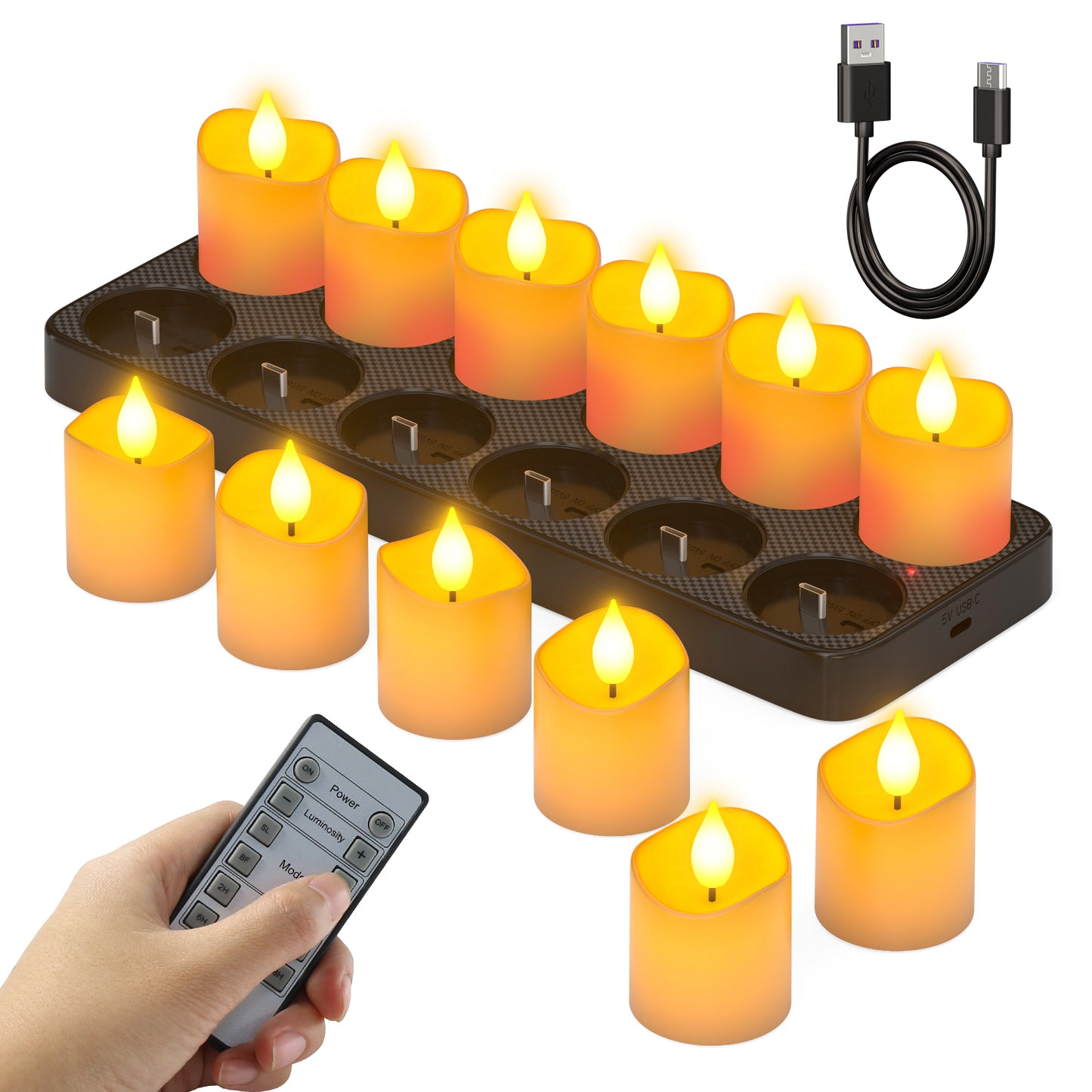 SoulBay Flameless Candles with Remote Timer & Charging Base, 12pcs USB Rechargeable Battery Flickering LED Small Votives Lights for Table Dinner Weddings Holidays General Decor, No Battery Required