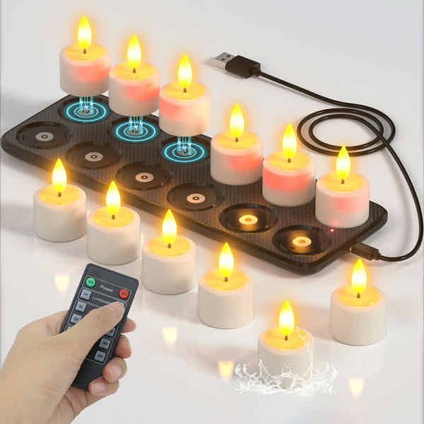 Aufladbare LED Teelichter Mit Ladestation – 12er Set, 3D-Flamme, Fernbedienung & Timer (2/4/6/8h) –