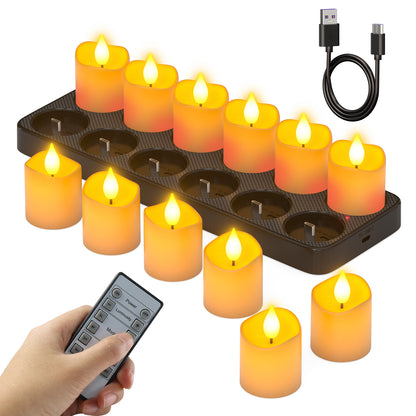 SoulBay Flameless Candles with Remote Timer & Charging Base, 12pcs USB Rechargeable Battery Flickering LED Small Votives Lights for Table Dinner Weddings Holidays General Decor, No Battery Required