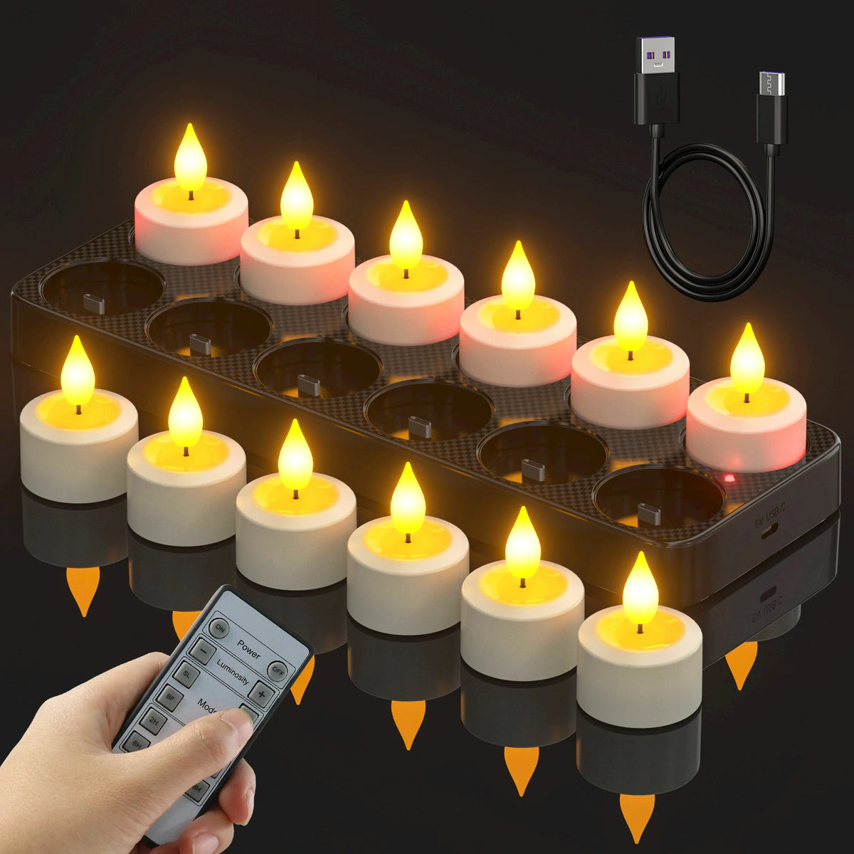 SoulBay® LED Teelichter Elfenbein Bernstein wiederaufladbar Fernbedien