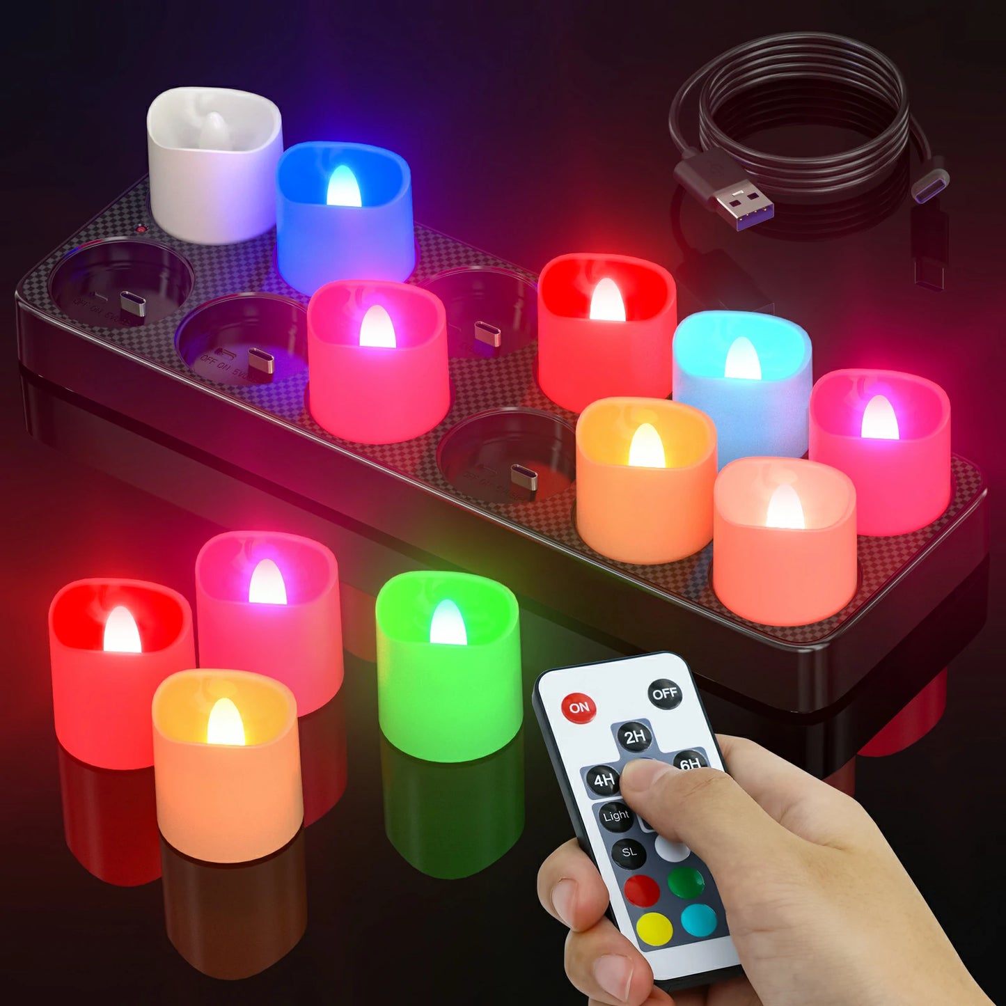 SoulBay® wiederaufladbare bunte Teelichter RGB blinkend mit Fernbedienung Timer Kerzen 12 Stück