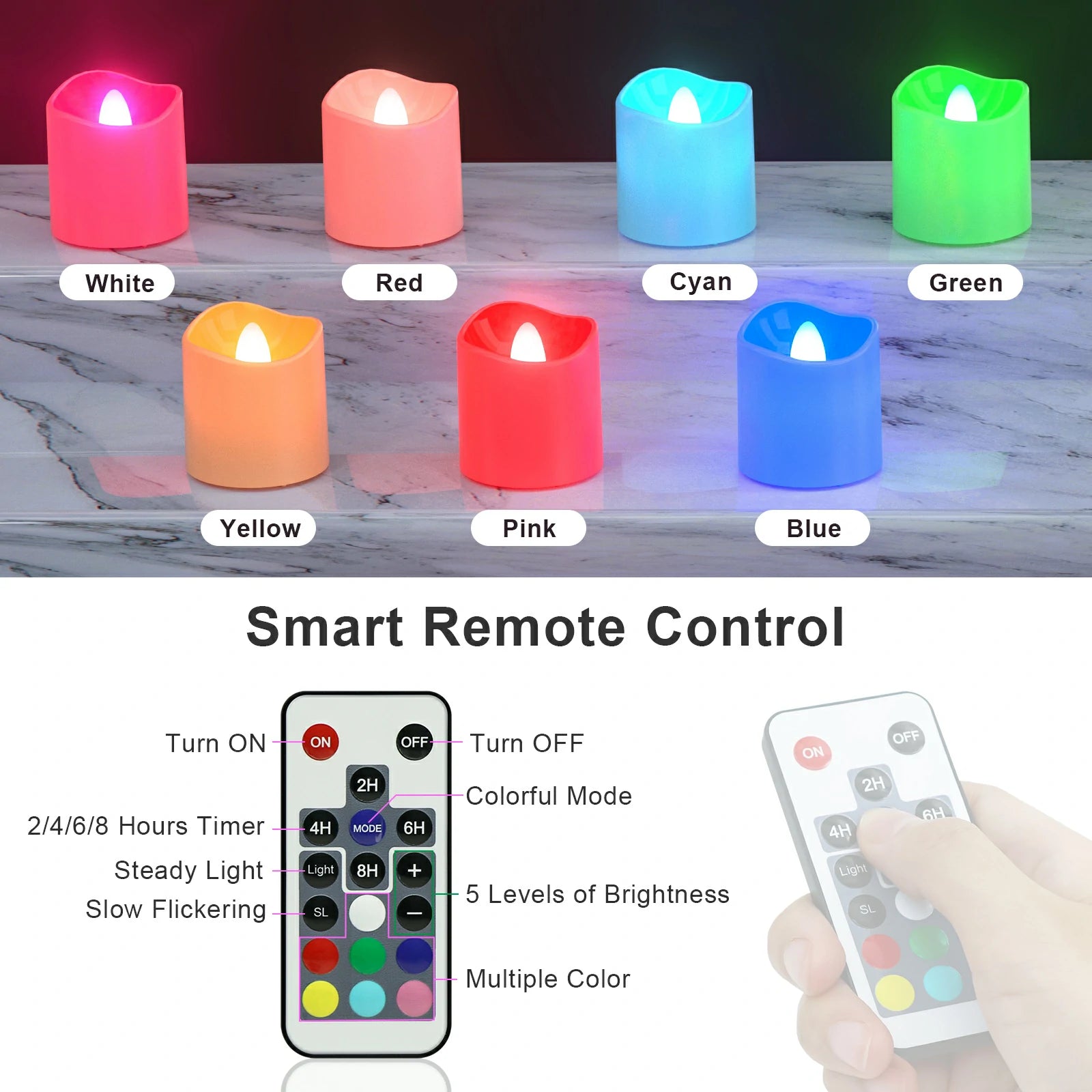 SoulBay® wiederaufladbare bunte Teelichter RGB blinkend mit Fernbedienung Timer Kerzen 12 Stück_04