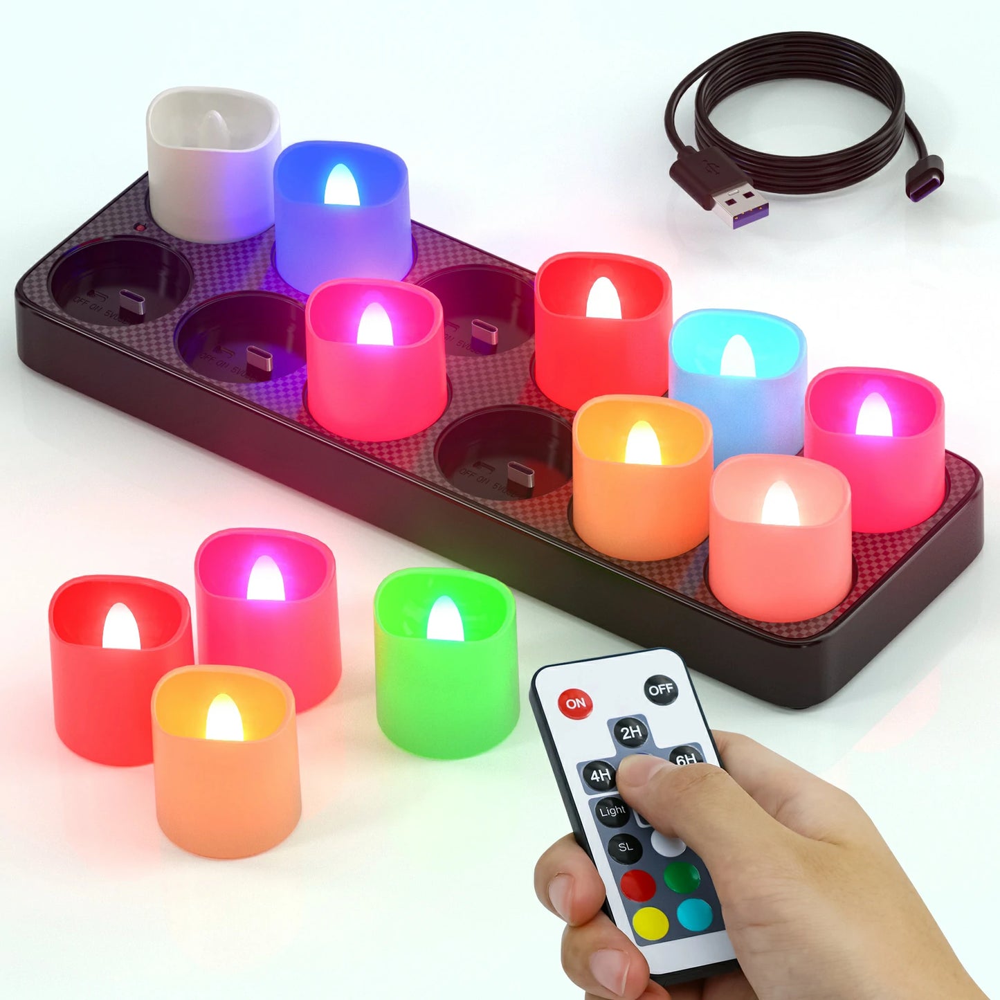 SoulBay® wiederaufladbare bunte Teelichter RGB blinkend mit Fernbedienung Timer Kerzen 12 Stück_08