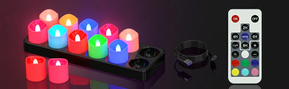 SoulBay® wiederaufladbare bunte Teelichter RGB blinkend mit Fernbedienung Timer Kerzen 12 Stück_11